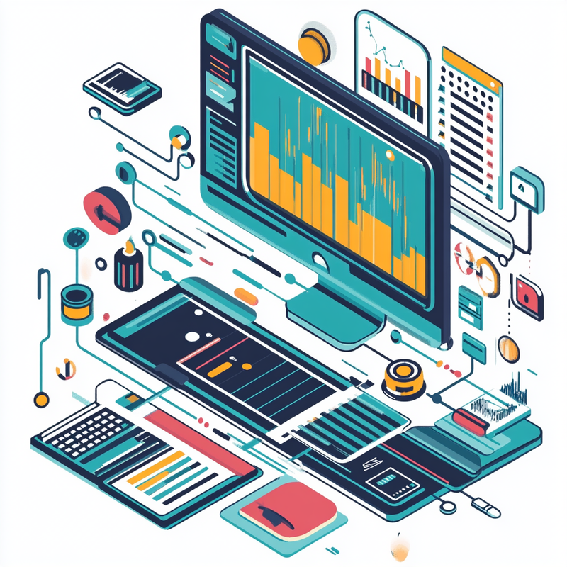 abstract isometric illustration of a computer with a graph on the screen