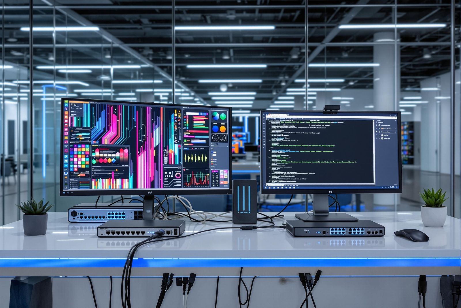 two computer monitors are sitting on a desk in a computer lab .
