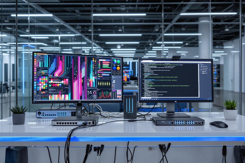 two computer monitors are sitting on a desk in a computer lab .